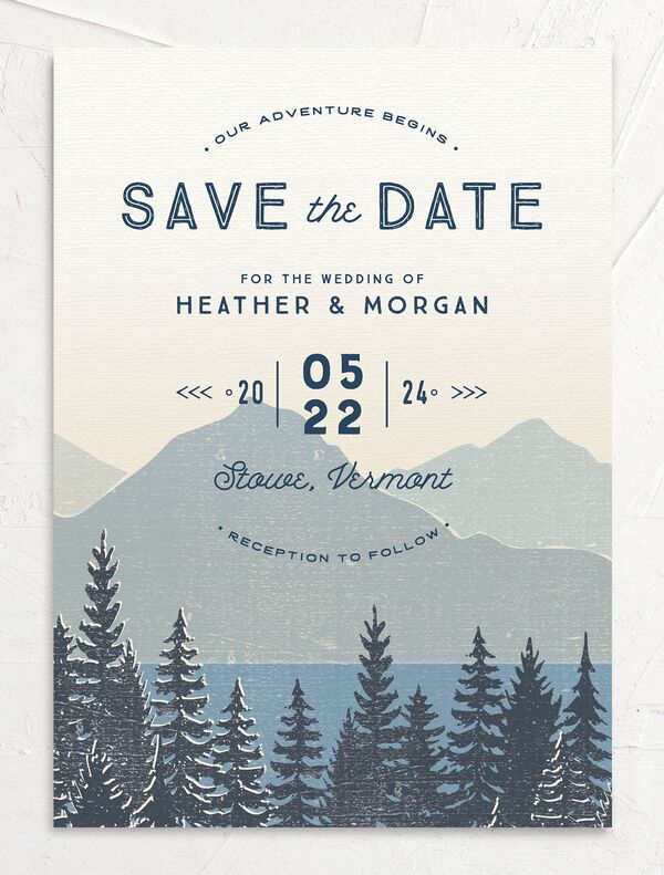 Rustic Mountainside Save the Date Cards front in French Blue