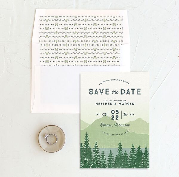 Rustic Mountainside Save the Date Cards envelope-and-liner in Jewel Green