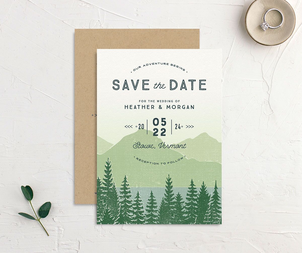 Rustic Mountainside Save the Date Cards front-and-back in Jewel Green