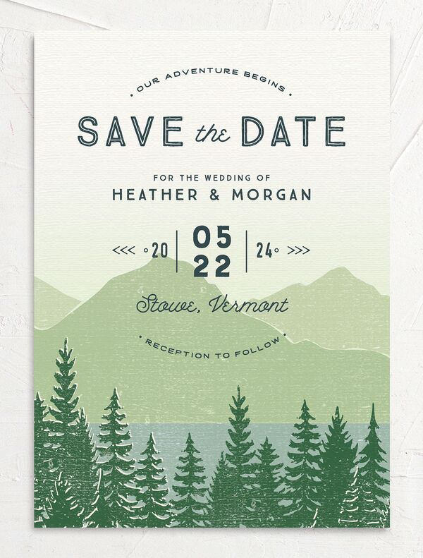 Rustic Mountainside Save the Date Cards front in Jewel Green