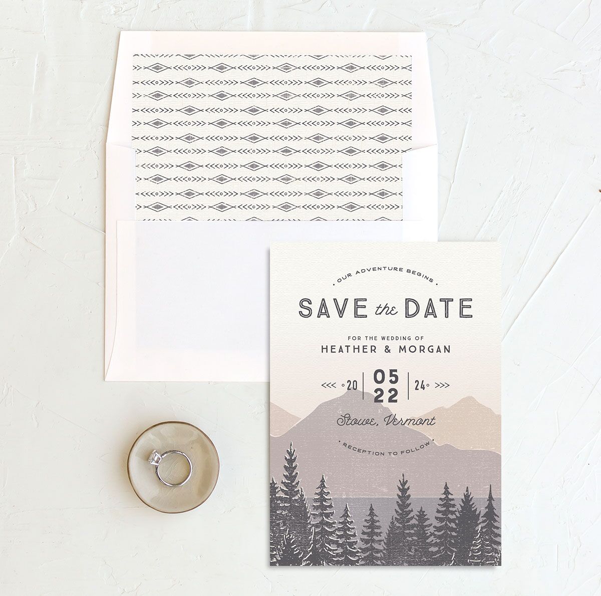 Rustic Mountainside Save the Date Cards envelope-and-liner in Grey
