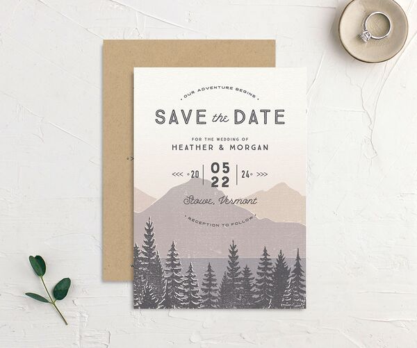 Rustic Mountainside Save the Date Cards front-and-back in Grey