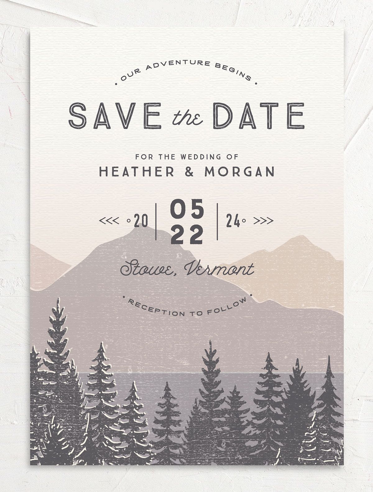 Rustic Mountainside Save the Date Cards front in Grey