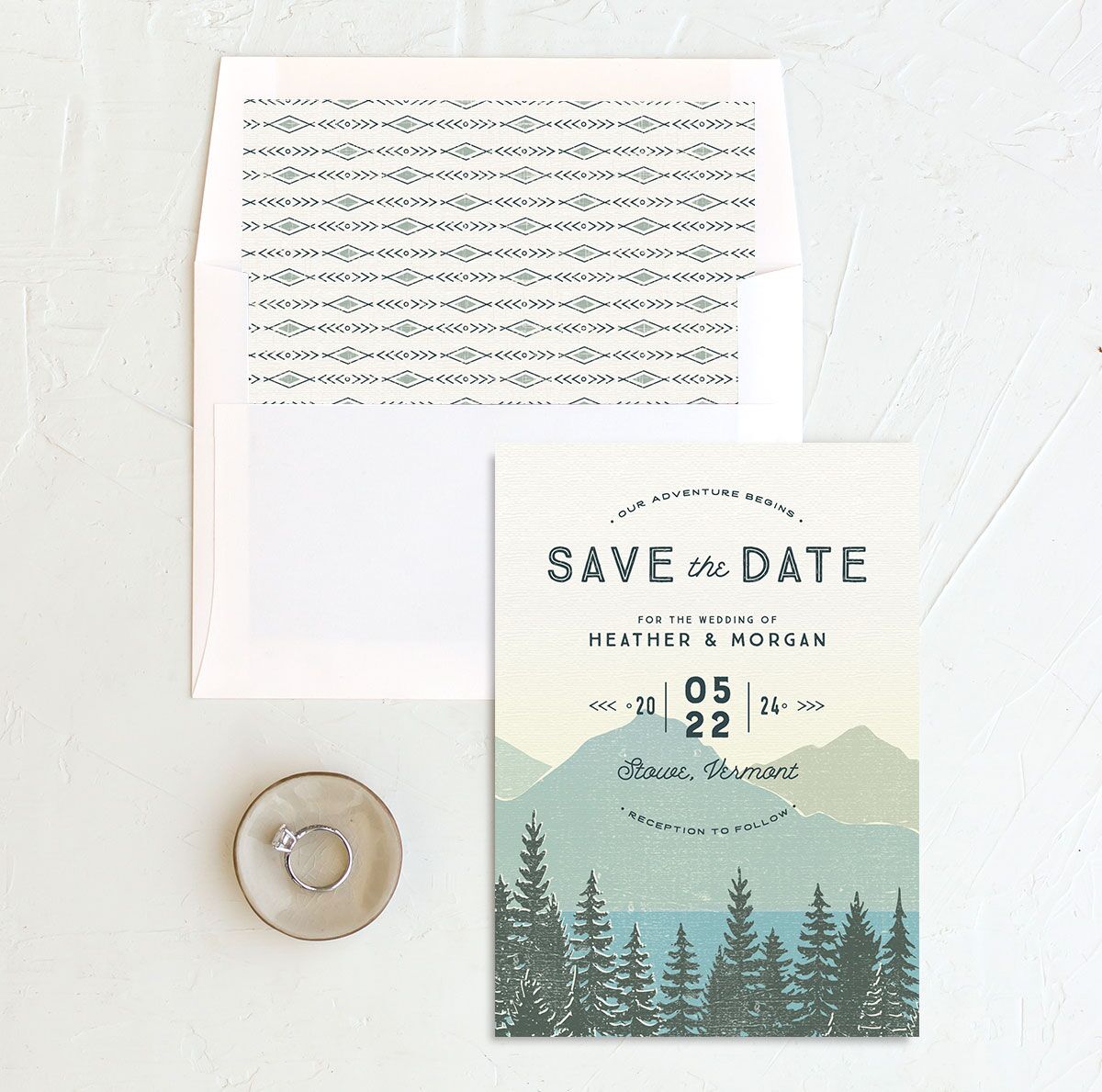 Rustic Mountainside Save the Date Cards envelope-and-liner in Turquoise