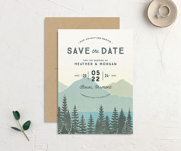 Rustic Mountainside Save the Date Cards front-and-back in Turquoise