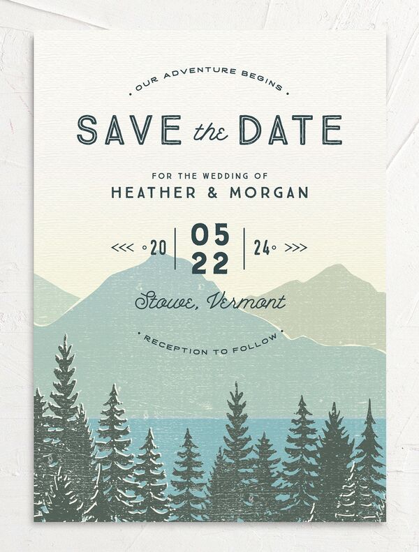 Rustic Mountainside Save the Date Cards front in Turquoise