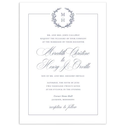 Monogram Branches Wedding Invitations - Regency Blue