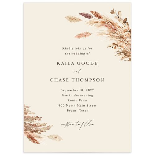 Soft Pampas Foil Wedding Invitations - Sepia