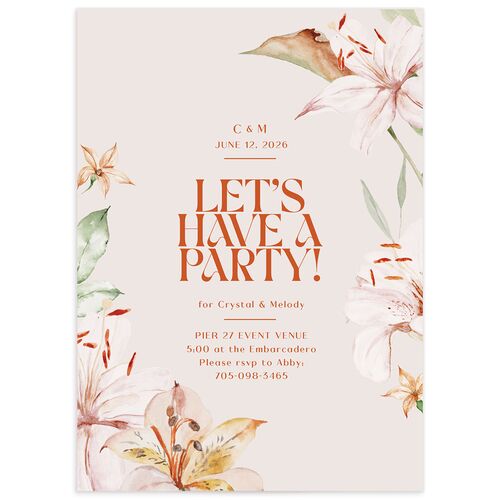 Tropical Lilies Bridal Shower Invitations - Burnt Orange