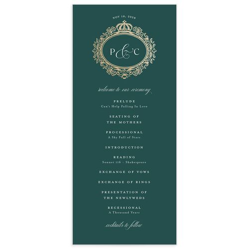 Glamorous Crown Monogram Crest Wedding Programs by Bridgerton - Deep Lake