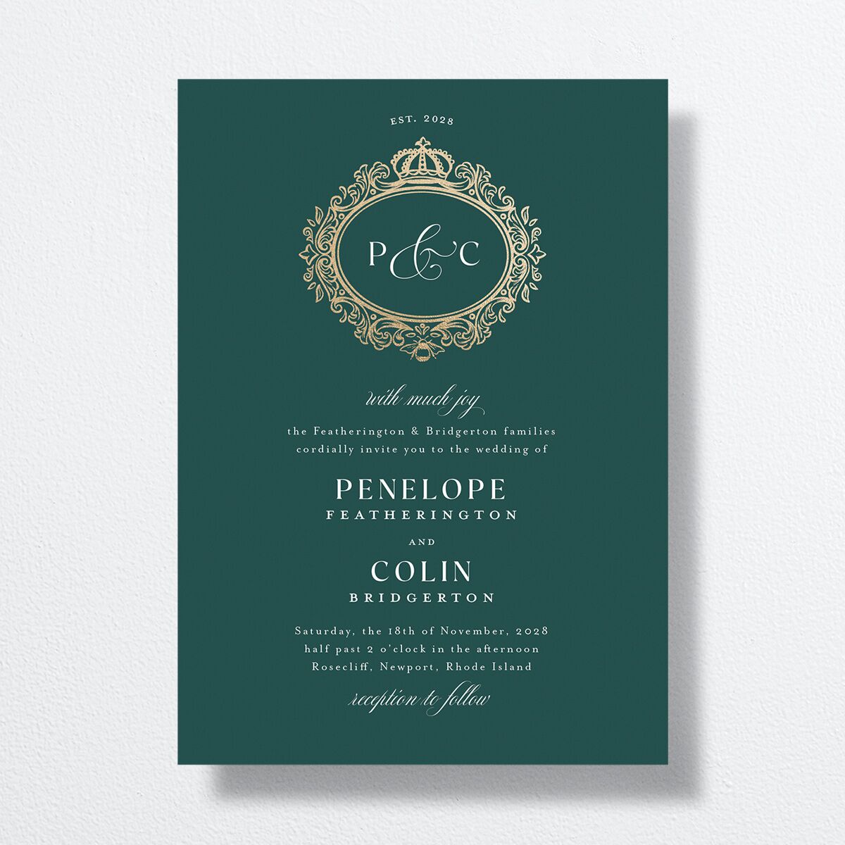 Glamorous Crown Monogram Crest Wedding Invitations by Bridgerton