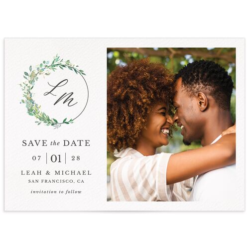 Leafy Monogram Hoop Save the Date Cards - Pure White