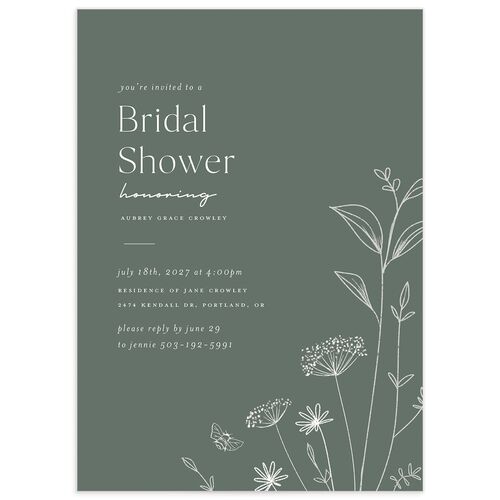 Simple Modern Wildflowers Bridal Shower Invitations - Deep Olive