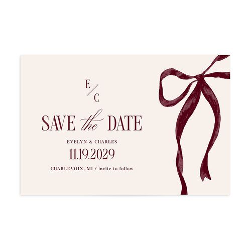 Whimsical Hand Drawn Bow Save the Date Postcards Burgundy