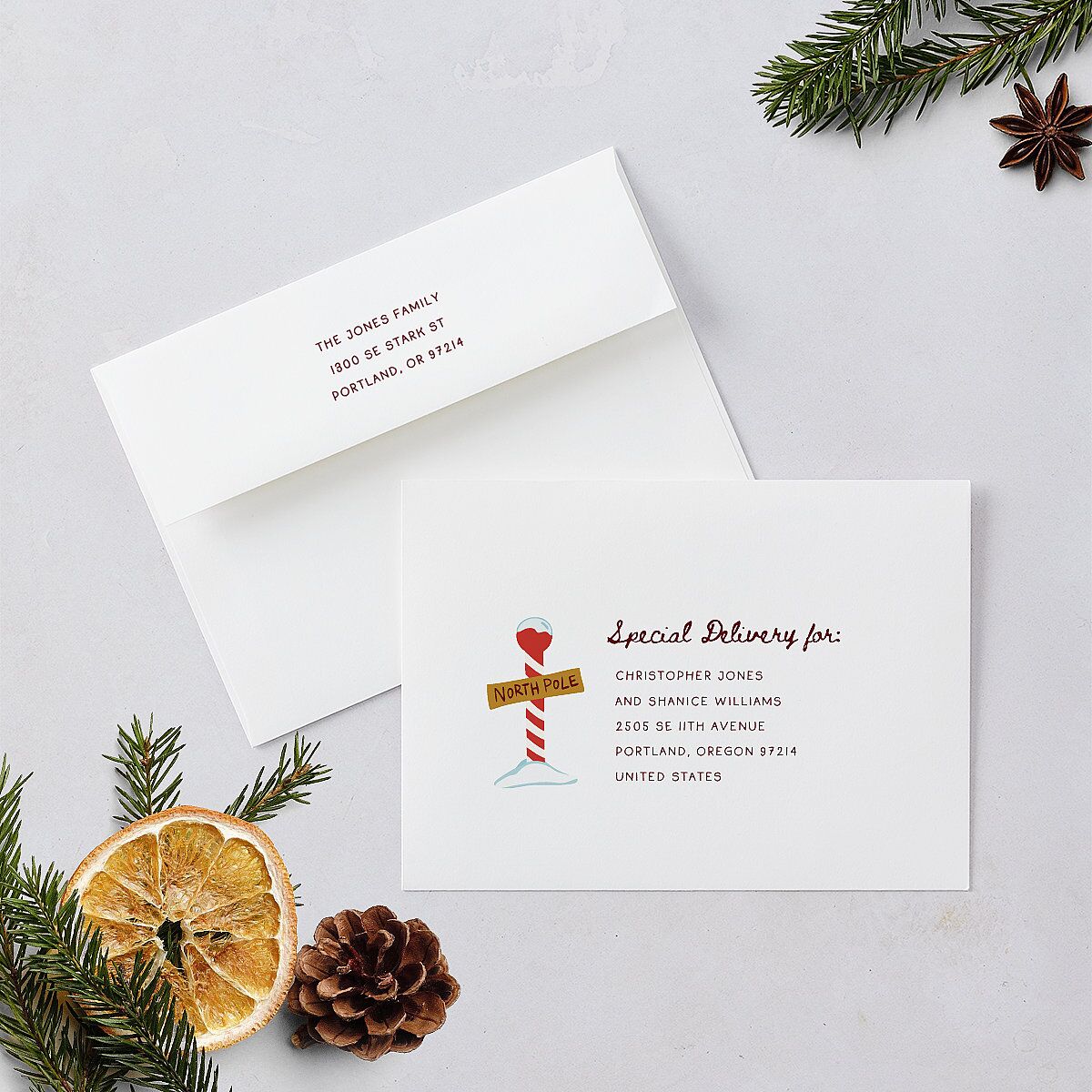 Letters to Santa Baby Announcement Holiday Card Envelopes White Cotton Both Recipient and Return Addresses Standard Signature