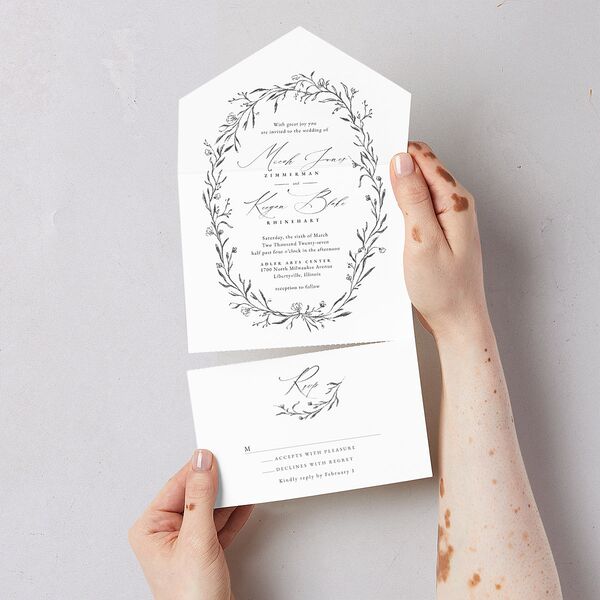 Illustrated Vines All-in-One Wedding Invitations Charcoal Signature Light Both Recipient and Return Addresses No