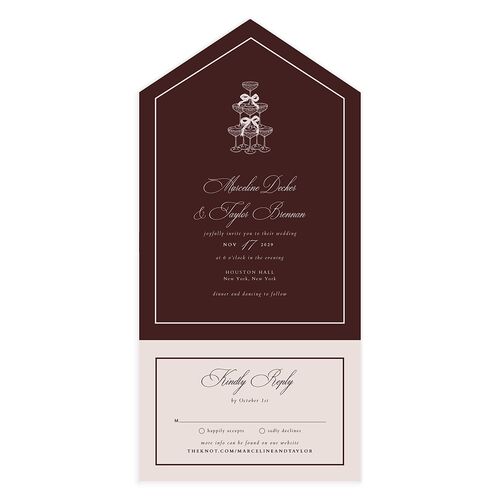 Classic Champagne with Bows All-in-One Wedding Invitations Burgundy Signature Light Both Recipient and Return Addresses No
