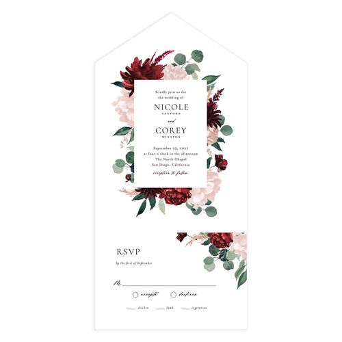 Timeless Bouquet All-in-One Wedding Invitations Garnet Signature Light Both Recipient and Return Addresses No