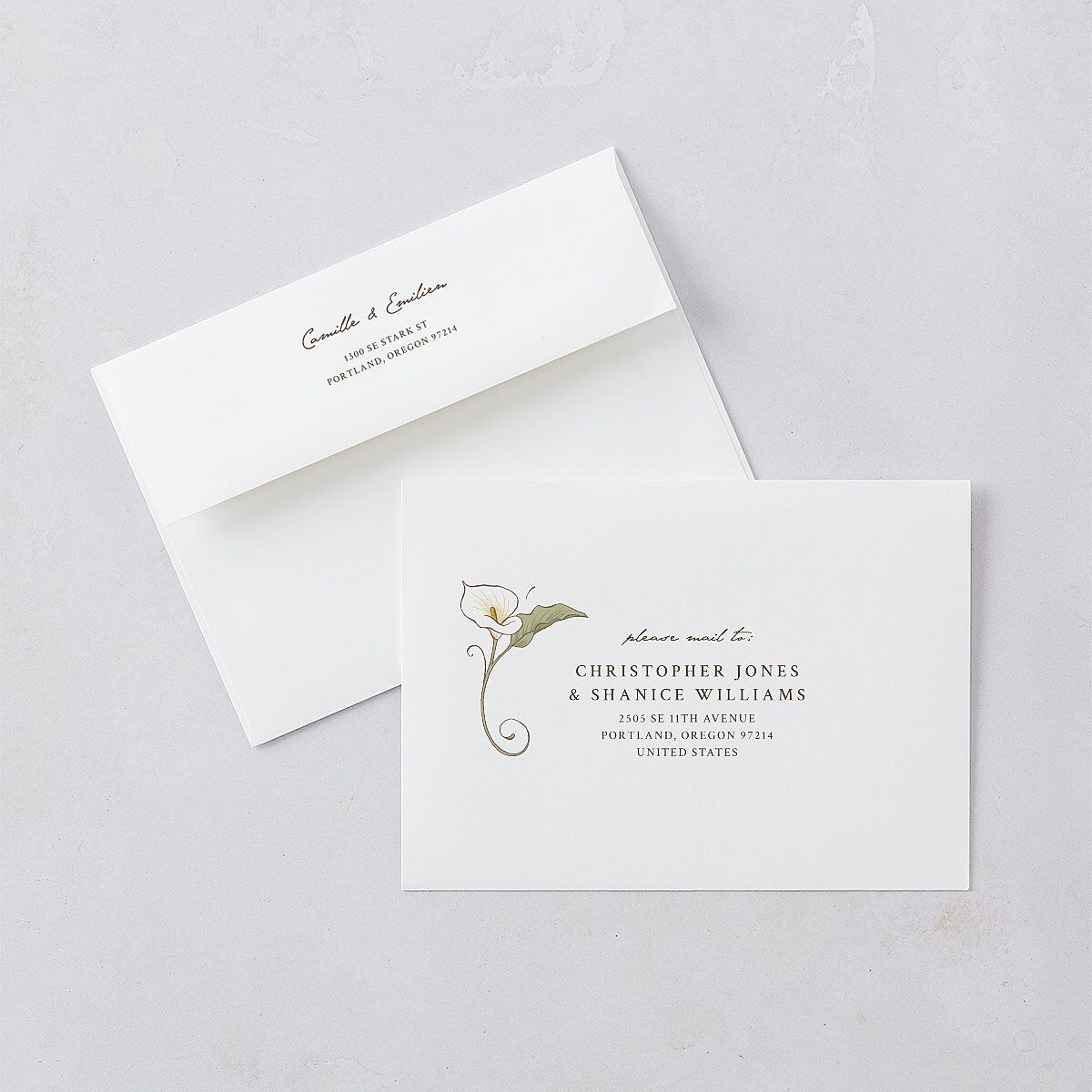 Calla Lily Nouveau Wedding Invitation Envelopes Champagne Standard White Both Recipient and Return Addresses Signature