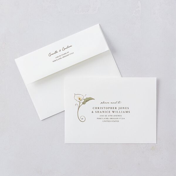 Calla Lily Nouveau Wedding Invitation Envelopes Champagne Standard White Both Recipient and Return Addresses Signature