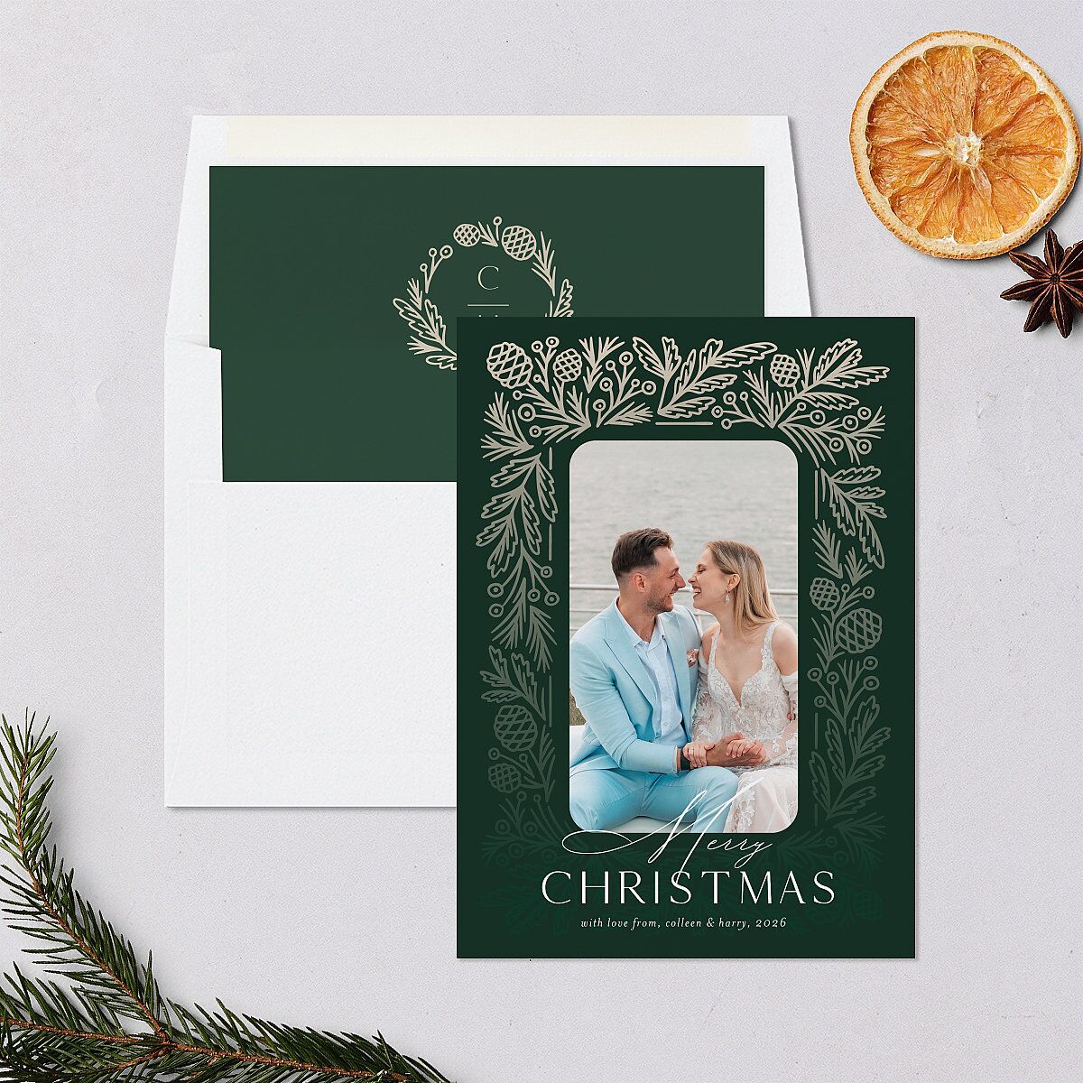 Pinecone Frame Holiday Cards Dark Green Signature Blank Standard Portrait