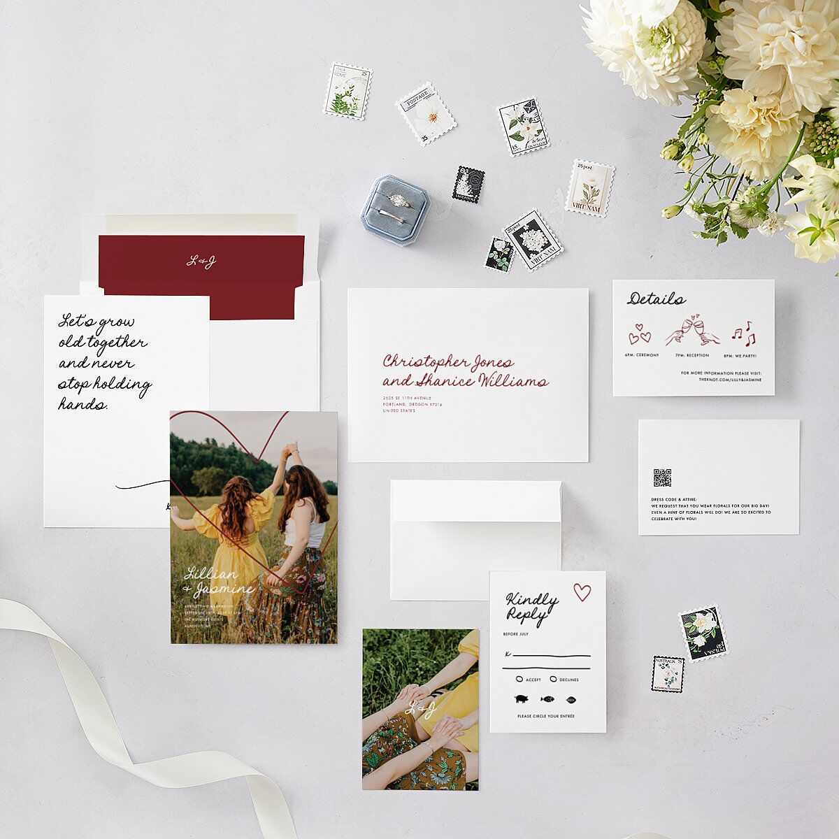 Hand Drawn Heart Photo Wedding Invitations Maroon Signature Blank No Standard