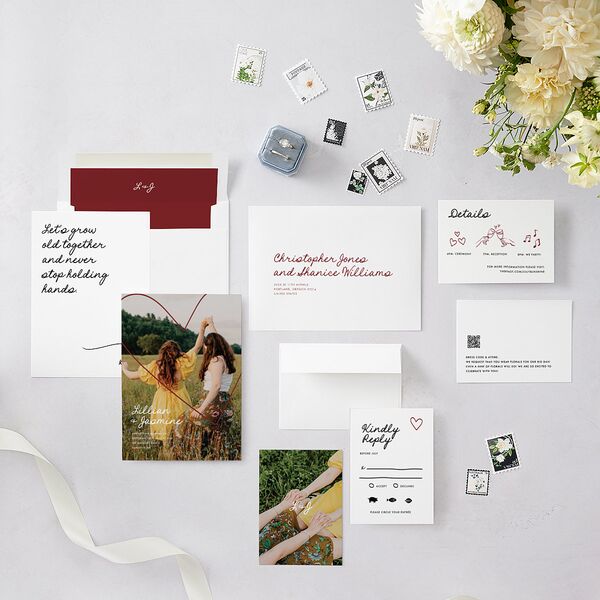 Hand Drawn Heart Photo Wedding Invitations Maroon Signature Blank No Standard