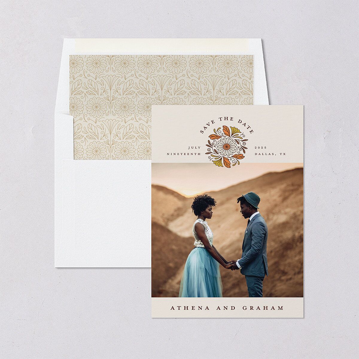 Intricate Vintage Save The Date Cards Tan Signature smooth Blank No Standard