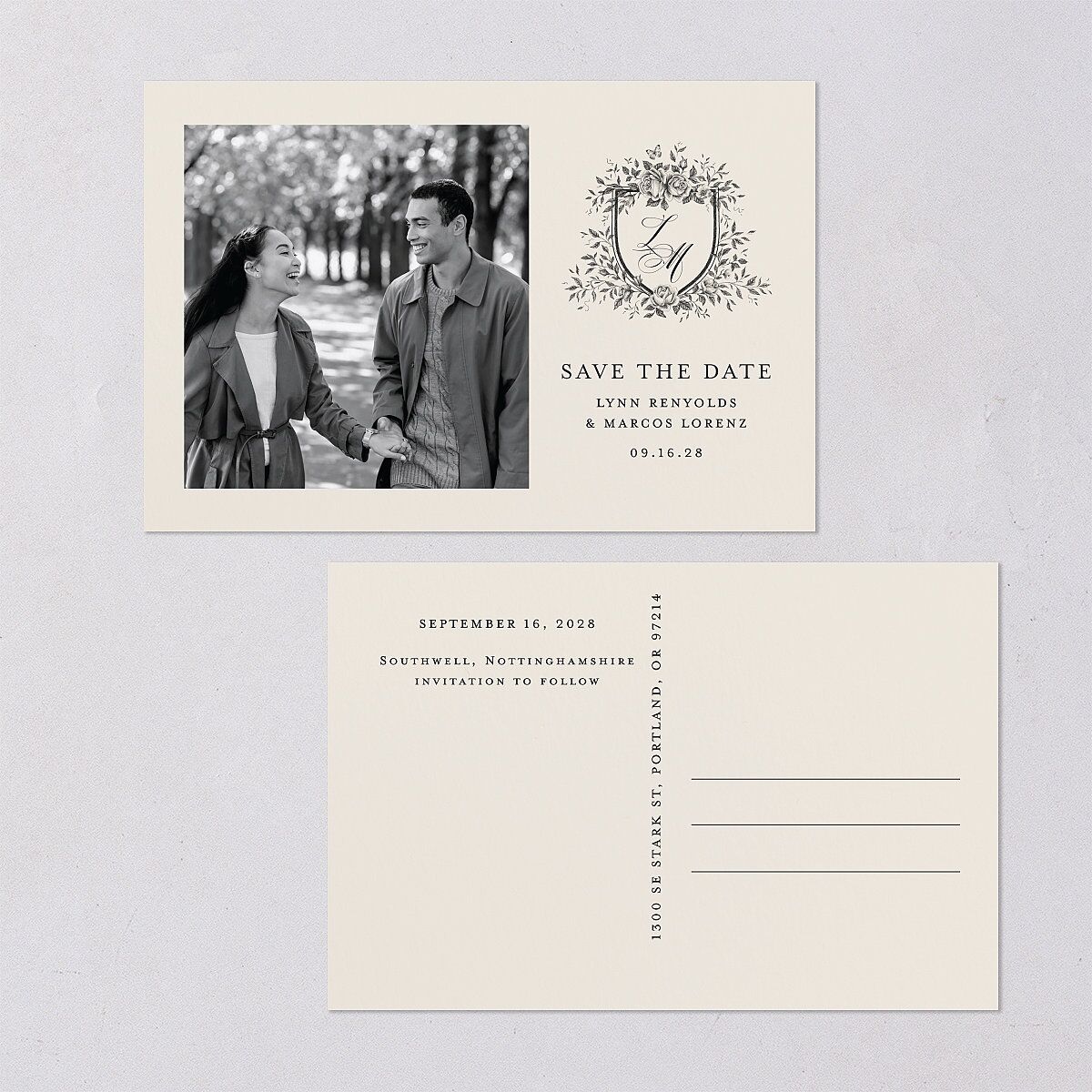 Rose Crest Photo Save the Date Postcards Linen