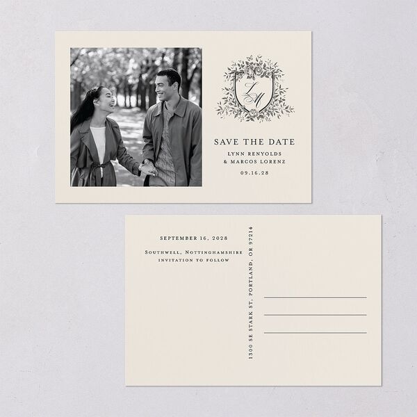 Rose Crest Photo Save the Date Postcards Linen