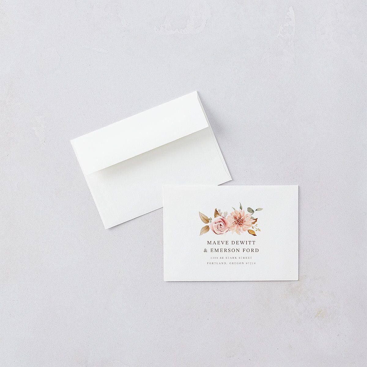 Elegant Botanical Autumn Floral Response Card Envelopes White Soft Peach Return Address Signature Standard