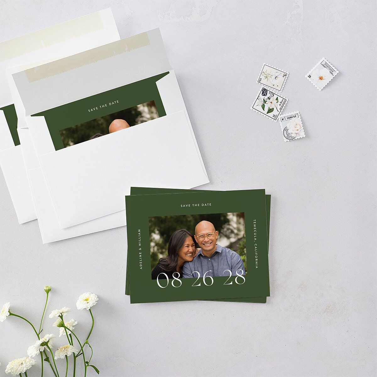 Border Date Save the Date Petite Cards Scottish Green Signature smooth Blank No Standard