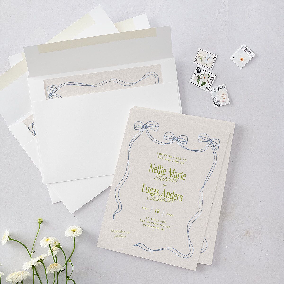 Modern Delicate Bows Wedding Invitations Peridot Signature Blank Standard No