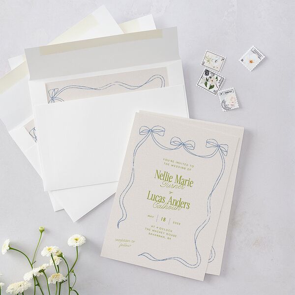 Modern Delicate Bows Wedding Invitations Peridot Signature Blank Standard No