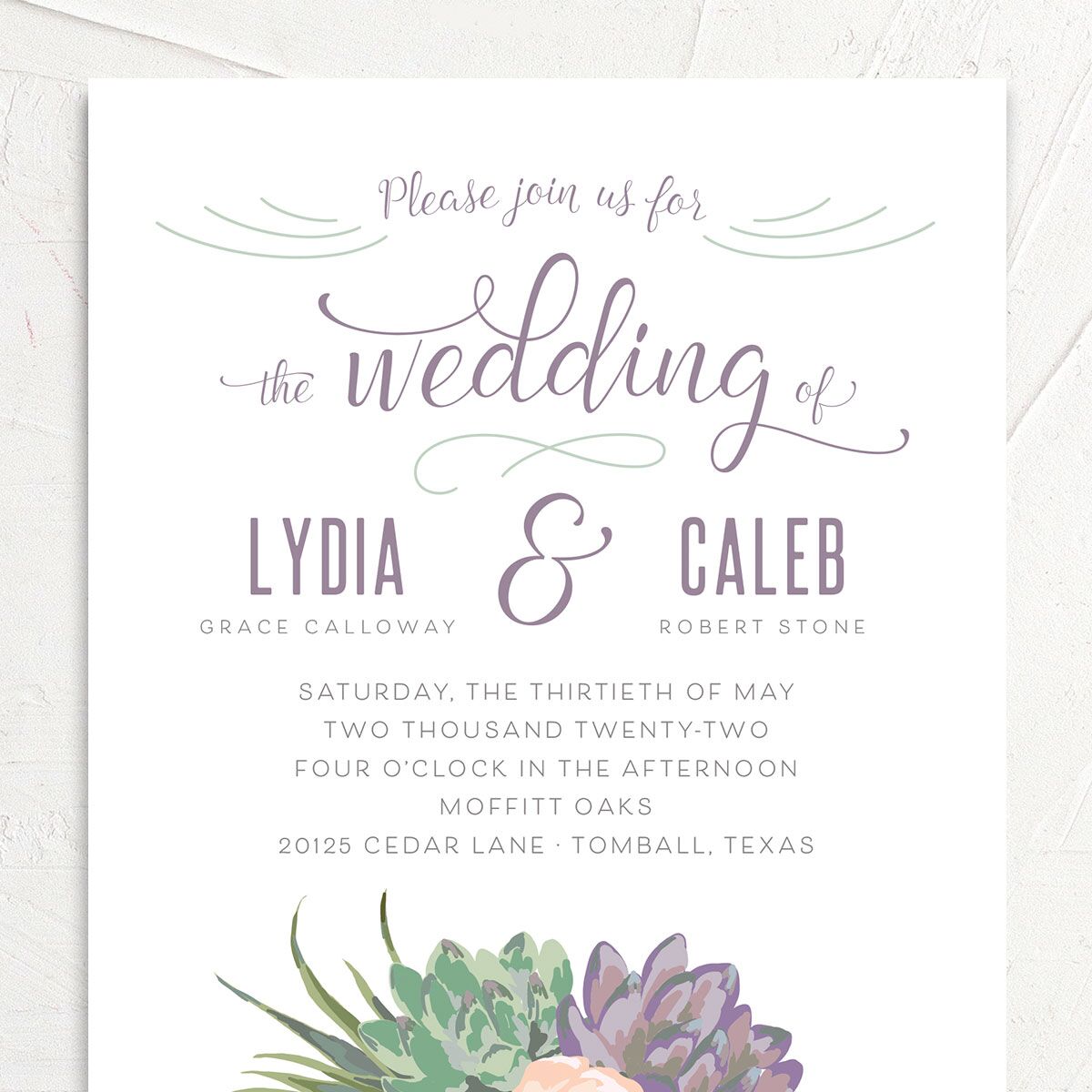 Romantic Succulents Wedding Invitations Plum Signature No