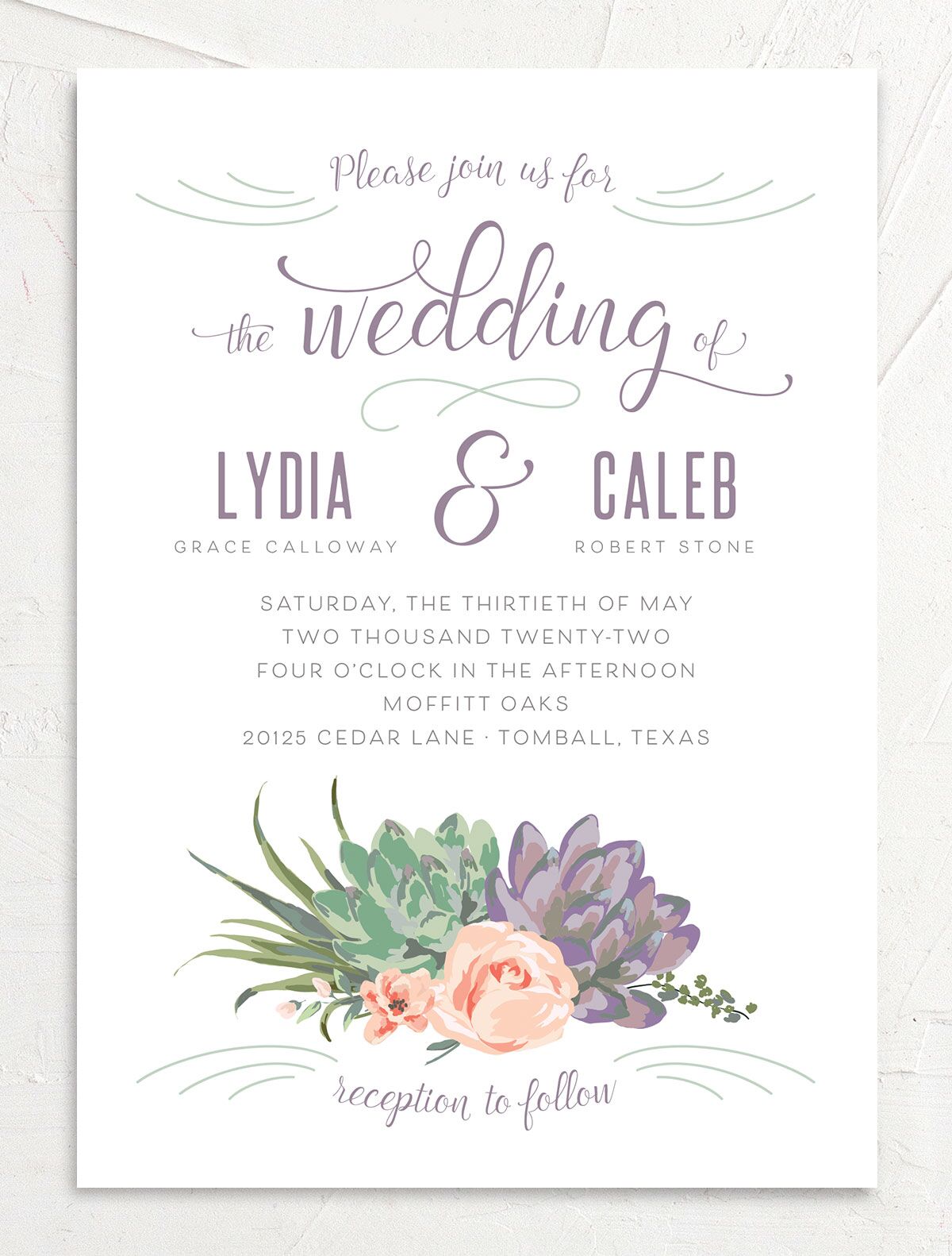 Romantic Succulents Wedding Invitations front in lavender