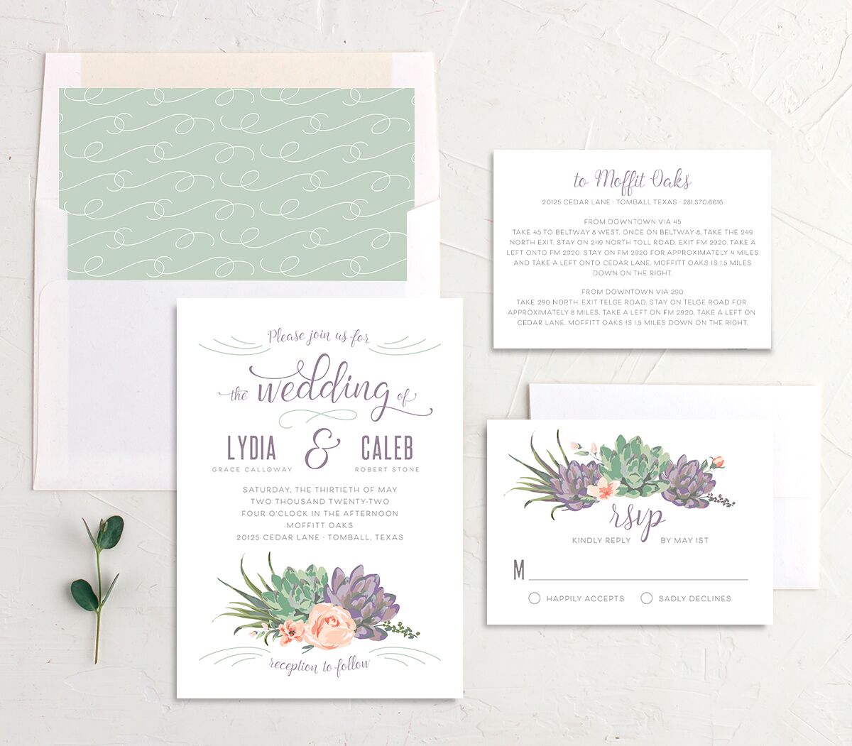Romantic Succulents Wedding Invitations suite in lavender