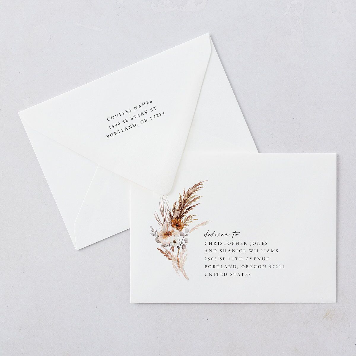 Bohemian Floral Hoop Rehearsal Dinner Invitation Euro Envelopes White Luxe Camel Both Recipient and Return Addresses
