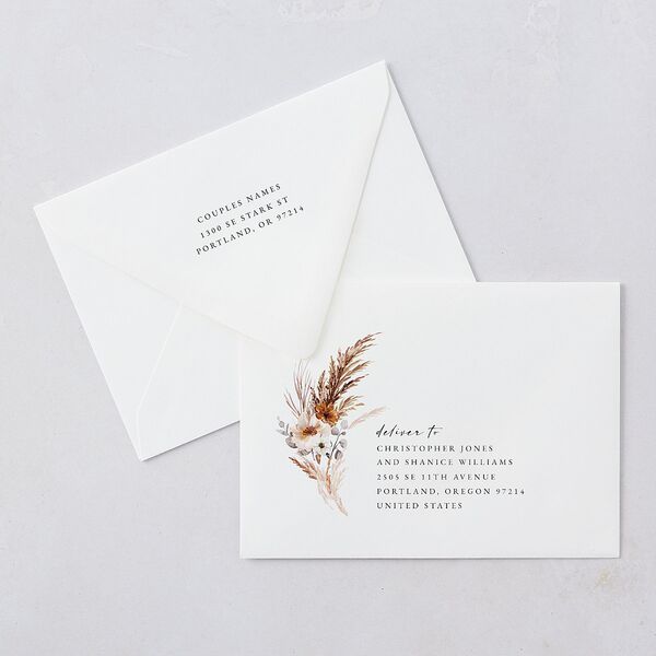 Bohemian Floral Hoop Rehearsal Dinner Invitation Euro Envelopes White Luxe Camel Both Recipient and Return Addresses