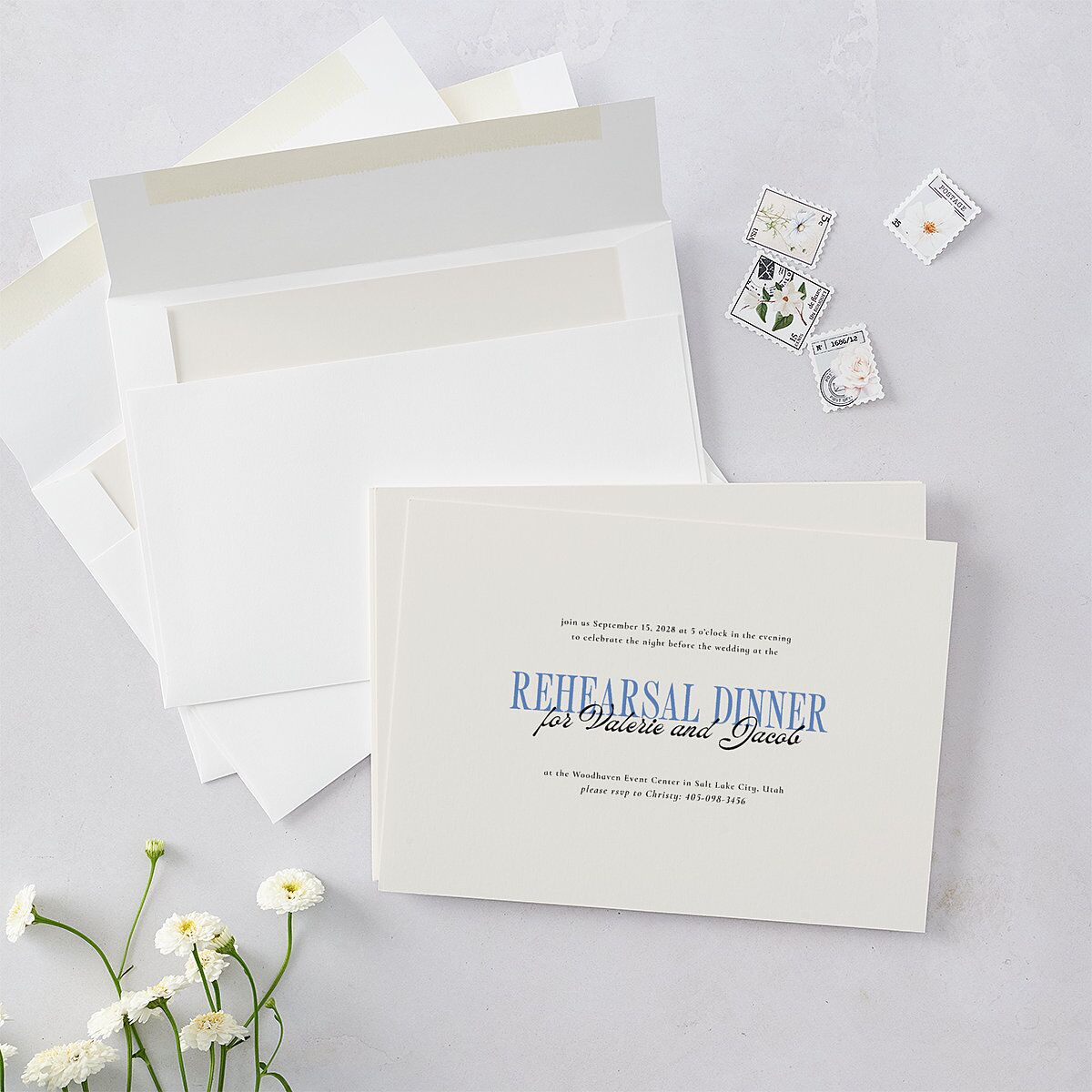Wavy Frame Photo Rehearsal Dinner Invitations Sea Blue Signature Blank Standard