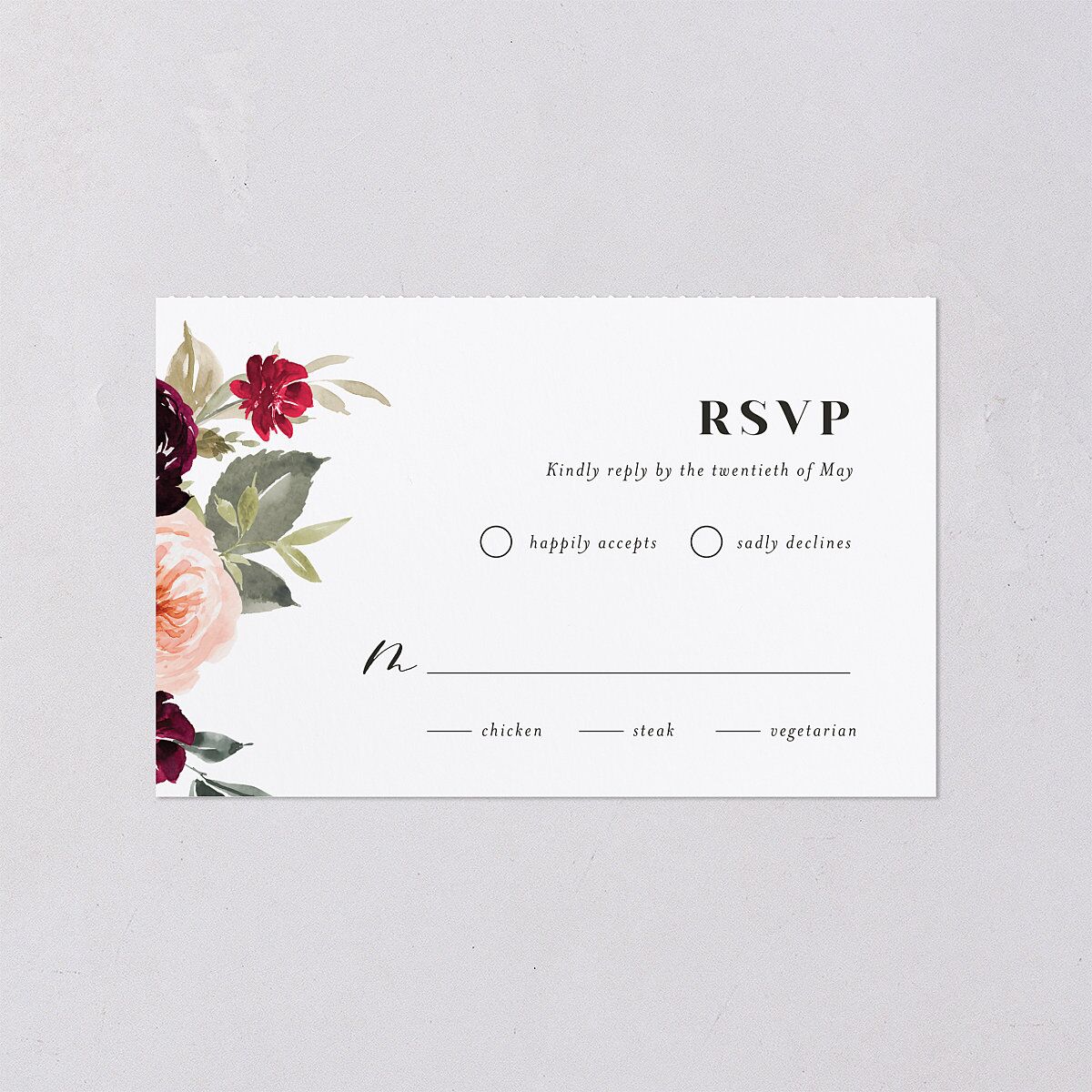 Vibrant Floral All-in-One Wedding Invitations Deep Claret Signature Light Both Recipient and Return Addresses
