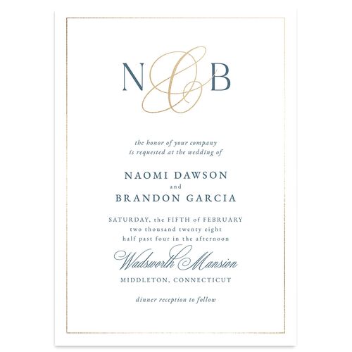 Romantic Ampersand Foil Wedding Invitations Regency Blue Gold Signature Blank No Standard