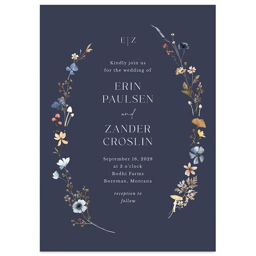 Simple Bohemian Wildflowers Wedding Invitations Dark Navy No Signature Blank Standard