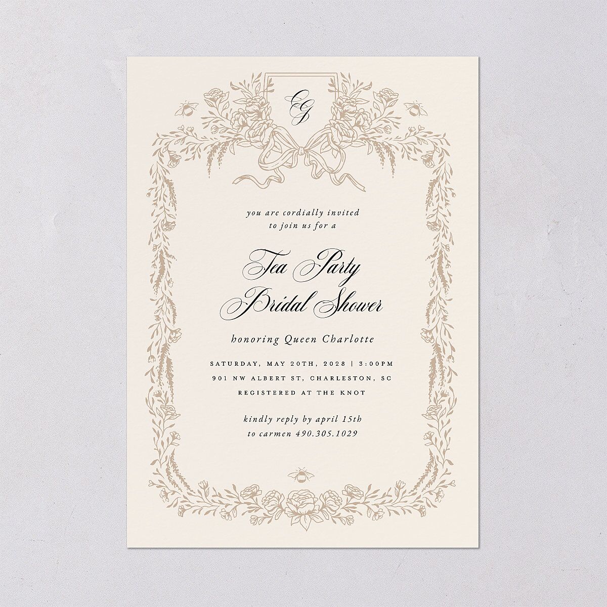Rose Garden Crest Bridal Shower Invitations by Bridgerton Taupe Signature Blank Standard