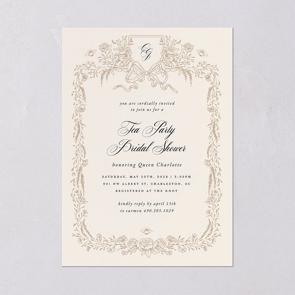 Rose Garden Crest Bridal Shower Invitations by Bridgerton Taupe Signature Blank Standard