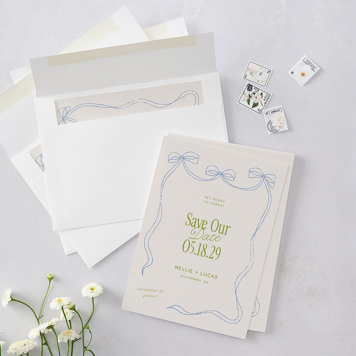 Modern Delicate Bows Save the Date Cards Peridot Signature smooth Blank No Standard