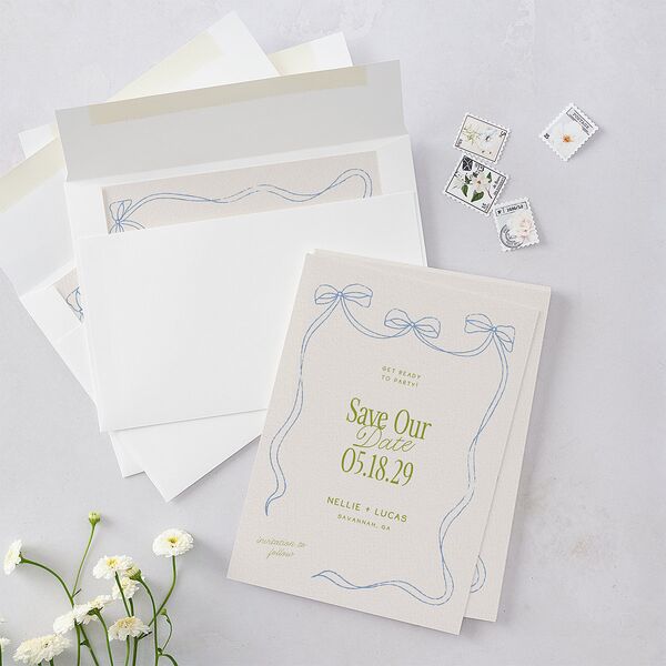 Modern Delicate Bows Save the Date Cards Peridot Signature smooth Blank No Standard