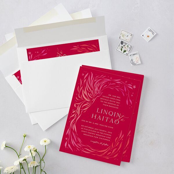 Chinese Phoenix Fenghuang Wedding Invitations Rose Pink Signature Blank No Standard