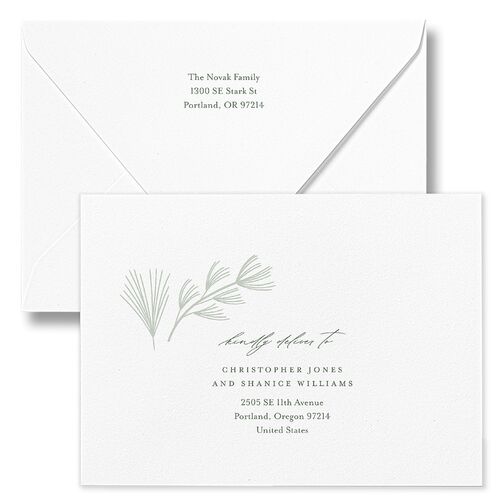 Our Merriest Year Baby Announcement Holiday Card Euro Envelopes White Eucalyptus Both Recipient and Return Addresses Luxe Signature