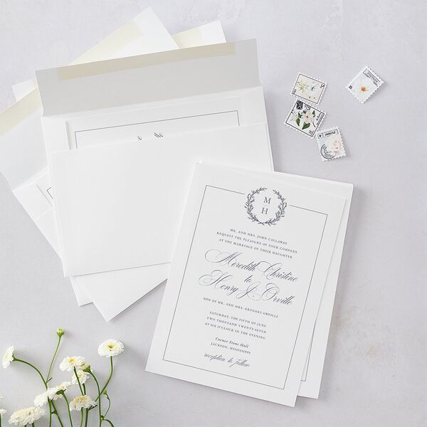 Monogram Branches Botanical Wedding Invitations Regency Blue Signature Blank No Rounded